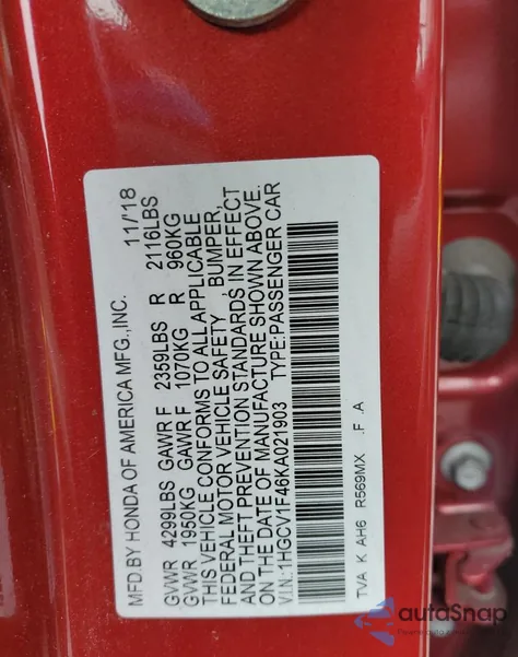 2019 Honda Accord Ex from USA, damaged, VIN 1HGCV1F46KA021903